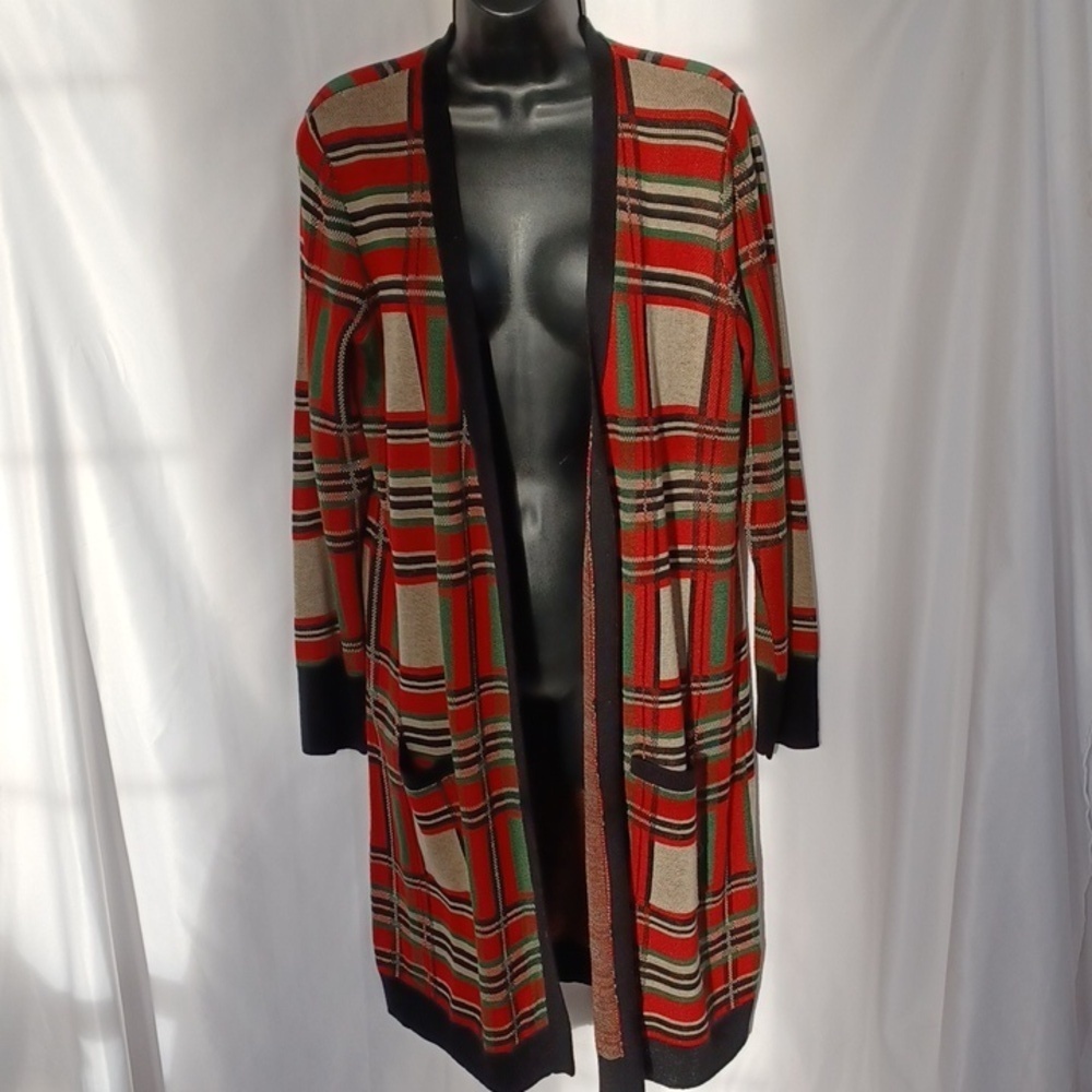 JOSEPH A / Black Green Red Cream Plaid Long sweater Sz M, 20" PTP, 36"L